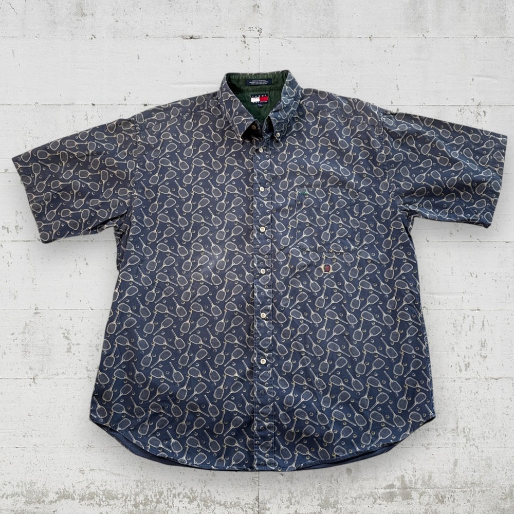 Vintage Tommy Hilfiger Tennis Racquet Pickleball Button Up Shirt Men XL AOP‎
